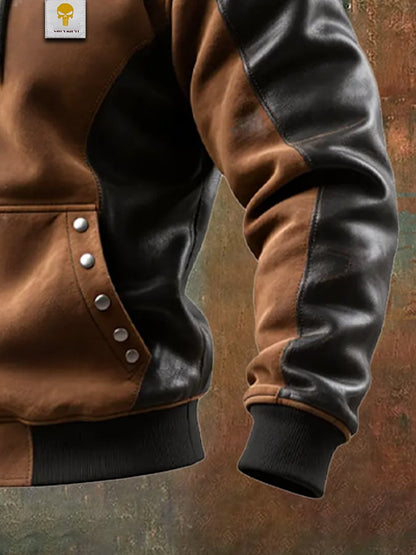Men's Vintage Suede and Leather Hooded Insulated Jacket with Rivets