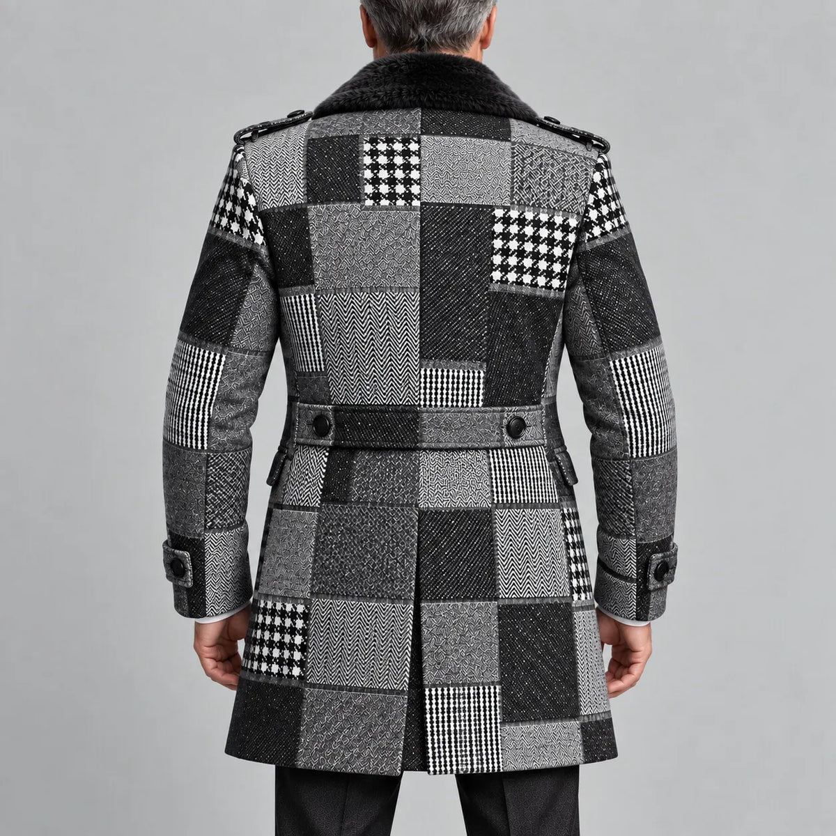 Men's Gray Colorblock Houndstooth Contrast Fluffy Collar Double-Breasted Business Casual Trench Coat