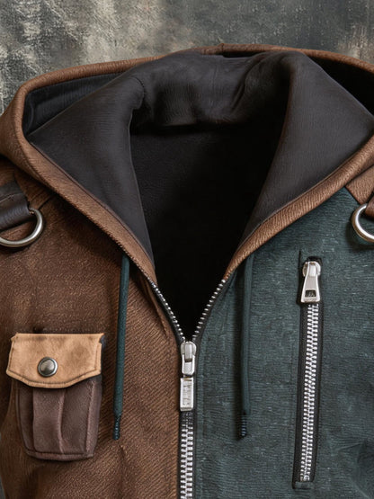 Men's Retro Outdoor Color-Block Paneled Hooded Vest with Multiple Pockets