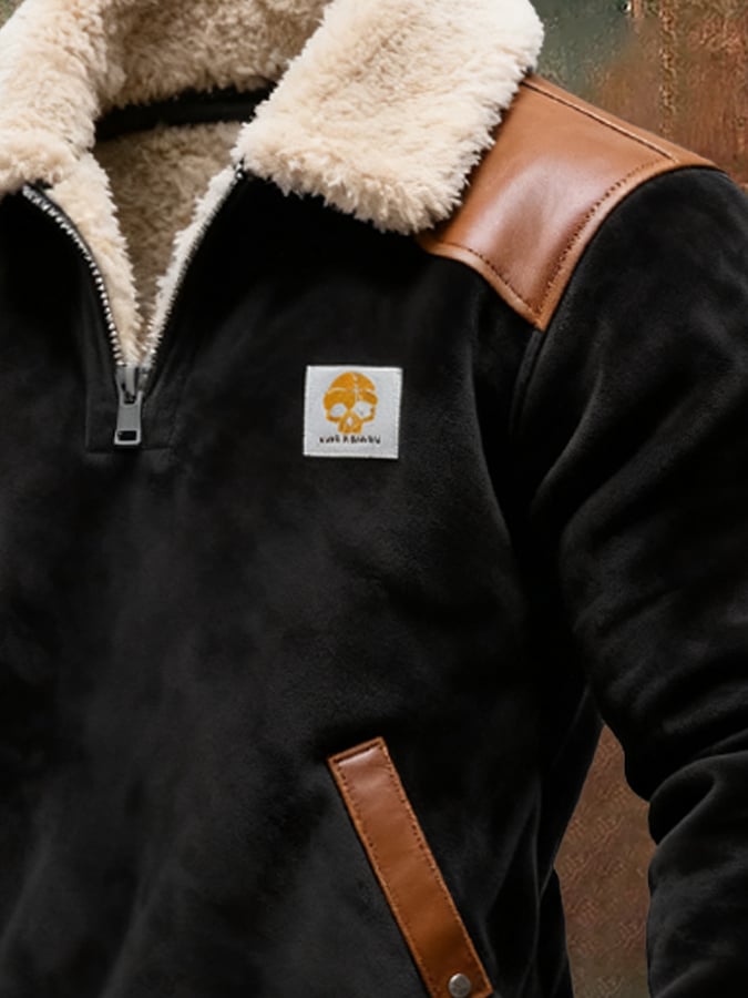Men's Vintage Suede Leather Zipper Fur Collar Sweatshirt
