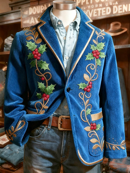Men's Corduroy Christmas Holly Lapel Blazer