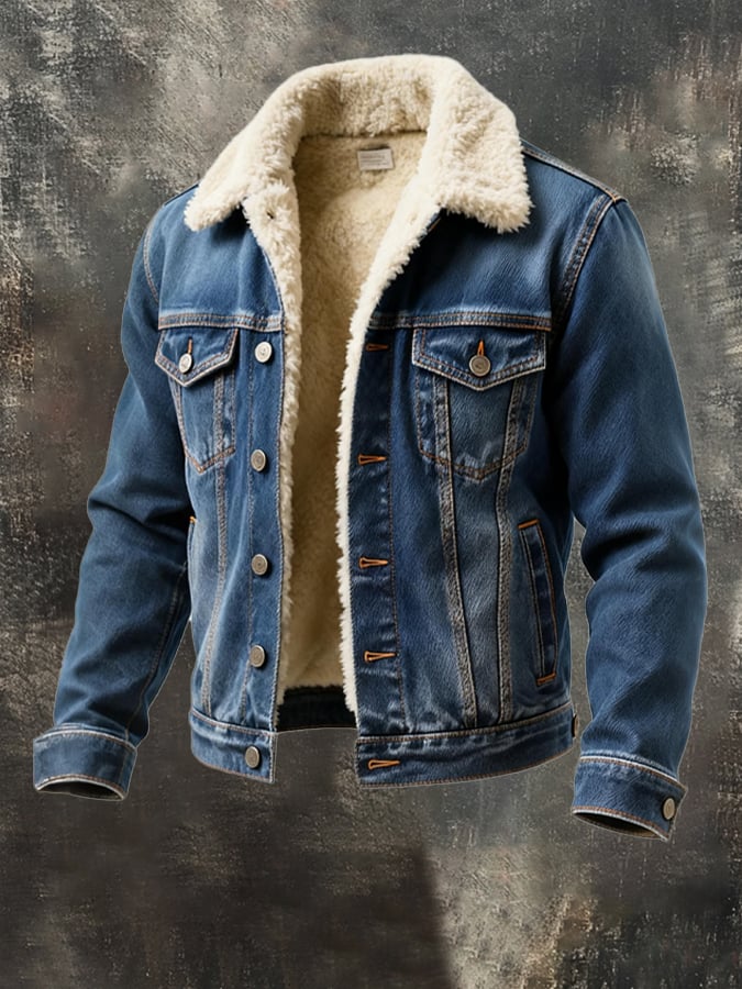 Men's Retro Warm Plush Denim Splicing Warm Jacket