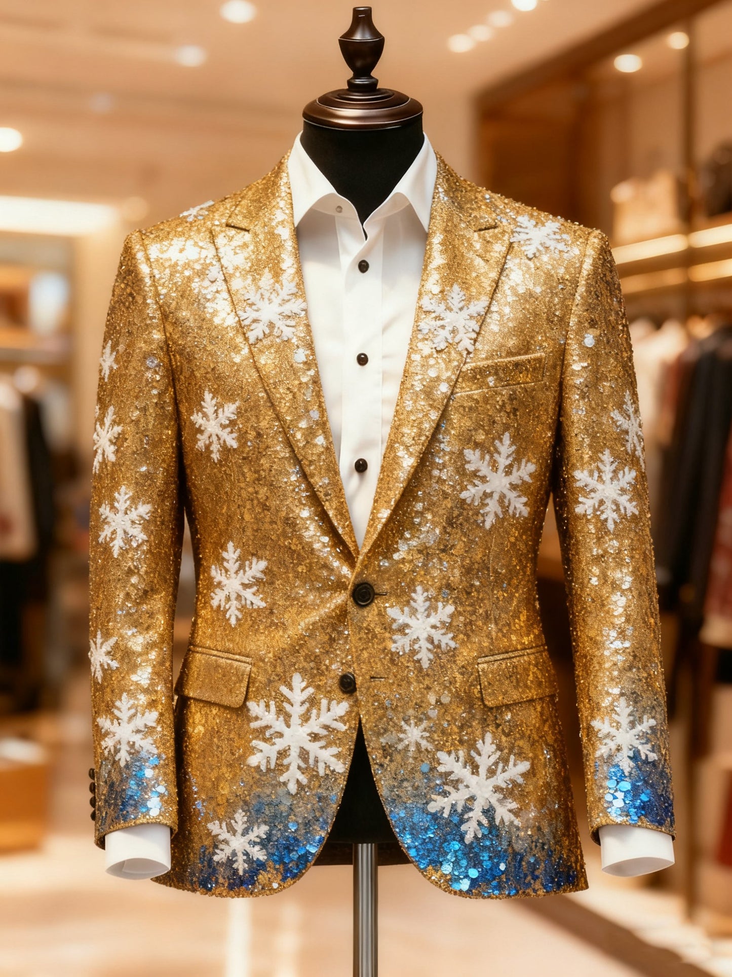 Men's Business Casual Large Pocket Notch Lapel Print Christmas Snowflake Gold Gradient Blazers
