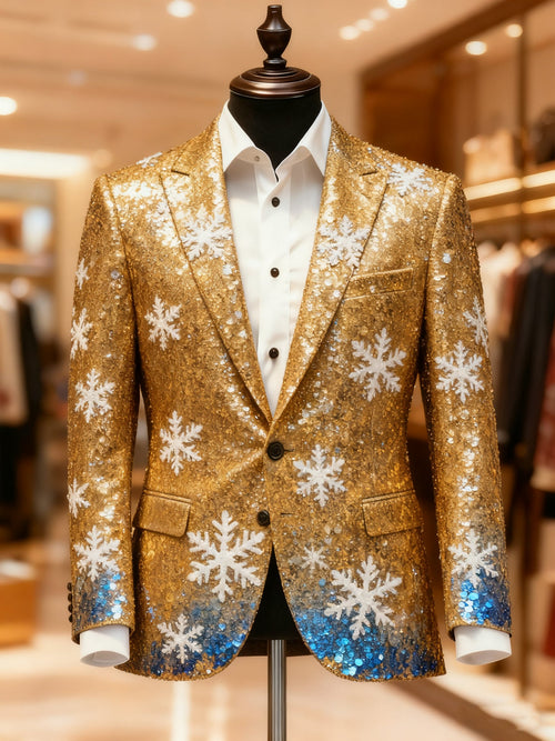 Men's Business Casual Large Pocket Notch Lapel Print Christmas Snowflake Gold Gradient Blazers