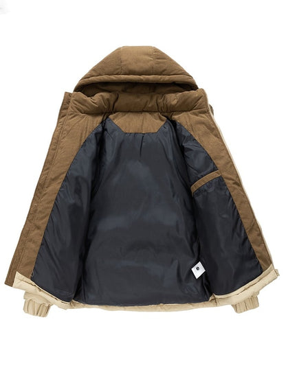 Men's Warm Corduroy Stitching Contrast Color Cotton Jacket (Removable Hood)