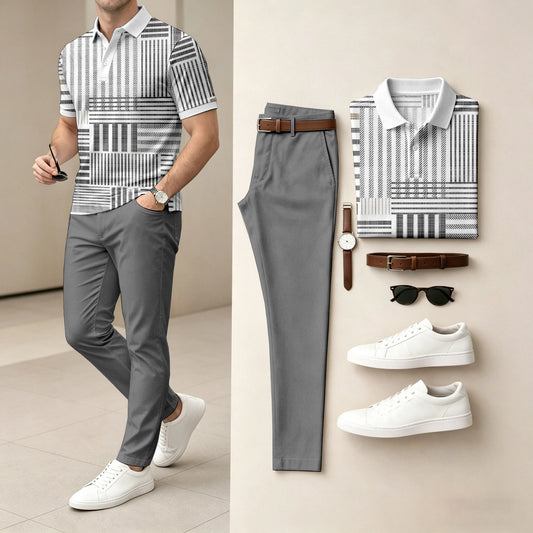 Men's Casual Black Barcode Printed Polo Shirt And Pants Two-Piece Set