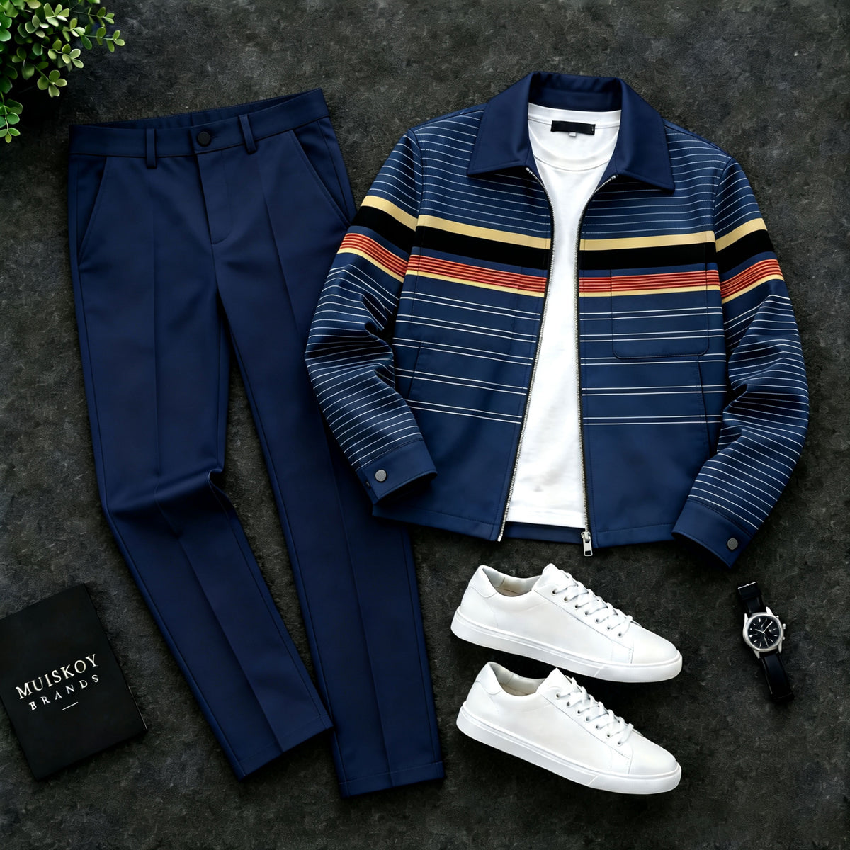 Men's Two-Piece Set: Color-Blocked Striped Jacket with Two Pockets and Pants