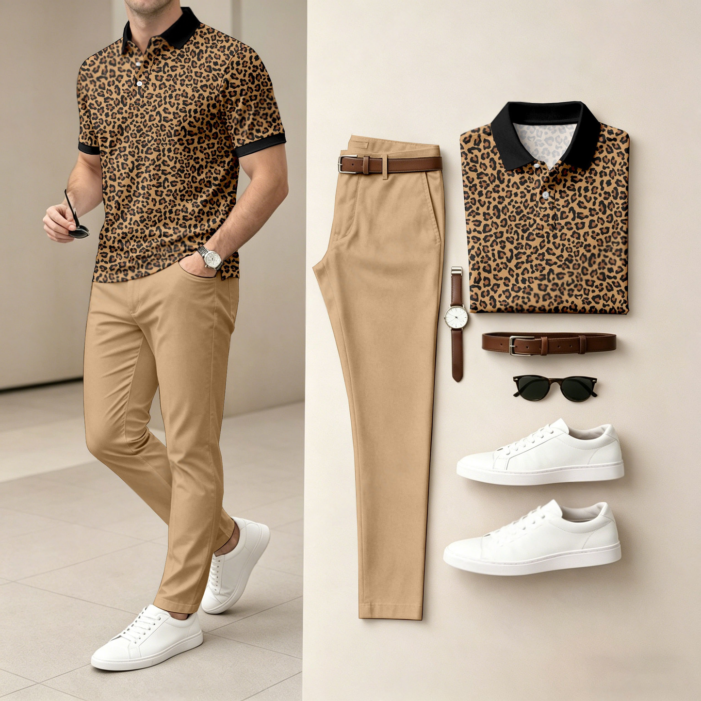 Men's Casual Leopard-Print Short-Sleeve Polo Shirt And Pants Set (Excludes Accessories Such As Watches And Belts)