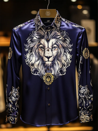 Men's Satin Luxe Lion Long Sleeve Button Down Shirt