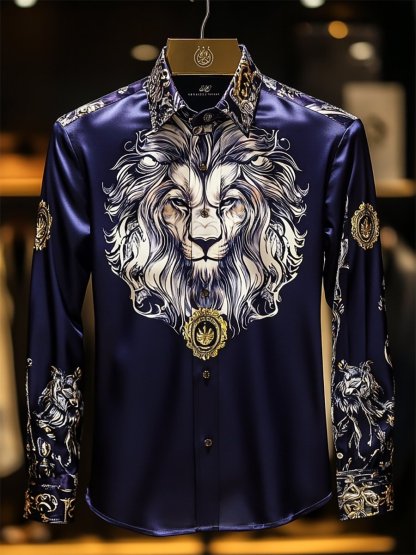 Men's Satin Luxe Lion Long Sleeve Button Down Shirt