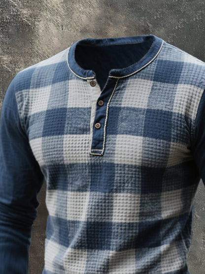 Men's Fashion Plaid Colorblock Henley Collar Long Sleeve T-Shirt