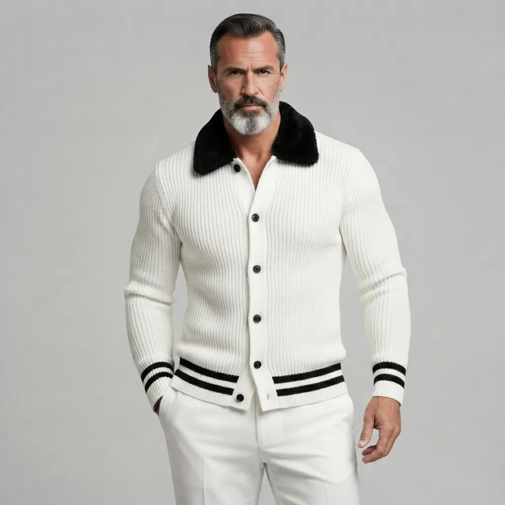 Men's White Ribbed Knit Contrast Fuzzy Collar Striped Trim Single Breasted Cardigan