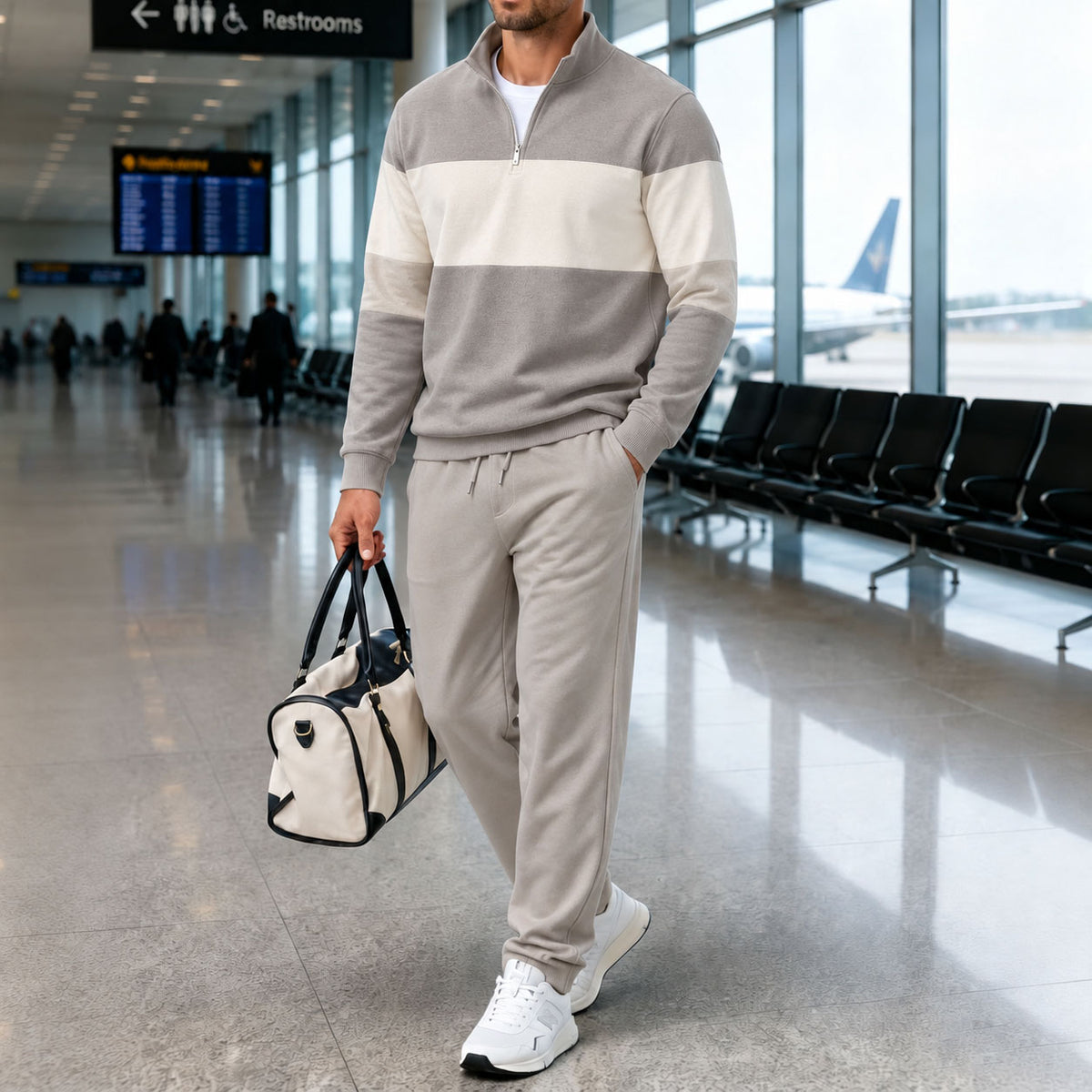 Men's Color-Blocked Stand-Up Collar Long-Sleeve Shirt and Pants Set