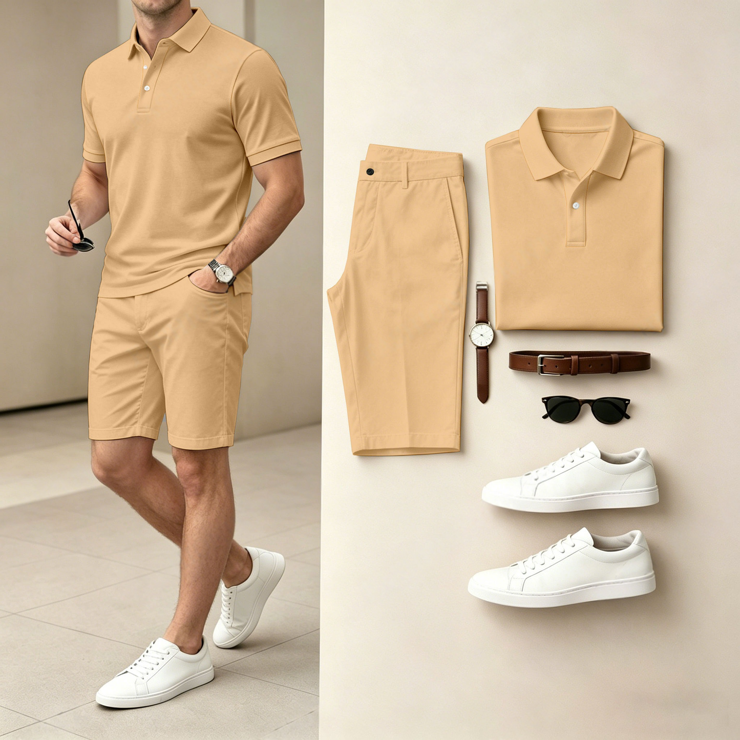 Men's Casual Solid-Color Khaki Polo Shirt And Shorts Two-Piece Set (Does Not Include Watch, Belt, Or Accessories)