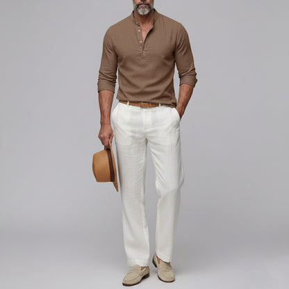 Men's Solid Color Stand Collar Half Placket Pullover Long Sleeve Shirt