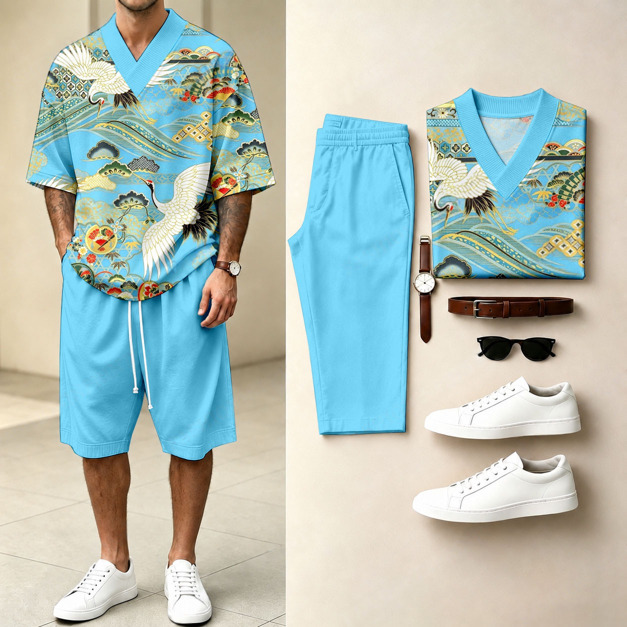 Men's Casual Crane And Auspicious Cloud Print V-Neck Short-Sleeve T-Shirt And Shorts Two-Piece Set