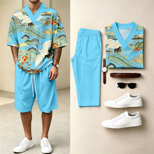 Men's Casual Crane And Auspicious Cloud Print V-Neck Short-Sleeve T-Shirt And Shorts Two-Piece Set