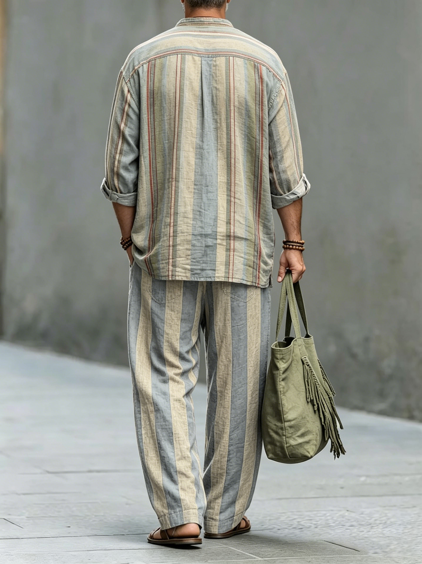 Men's Retro Stripes Art Print Cotton Shirt Set