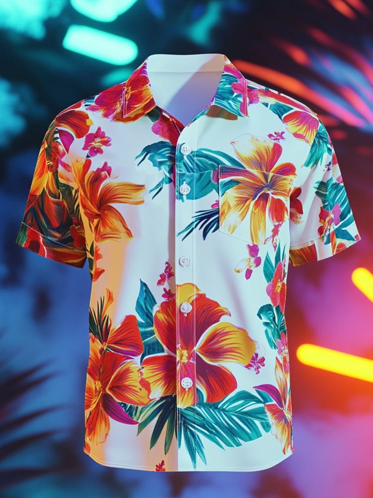 Men's Casual Lapel Floral Pocket Short Sleeve Shirt