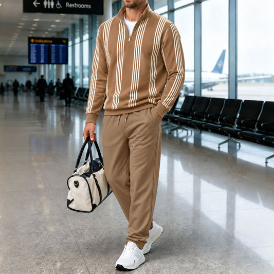 Men's Striped Stand-Up Collar Long-Sleeve Shirt and Pants Set