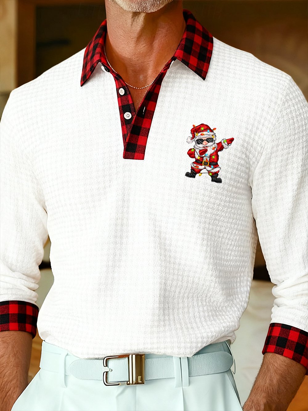 Men's Casual Christmas Party Waffle Knit Long-Sleeve Polo Shirt