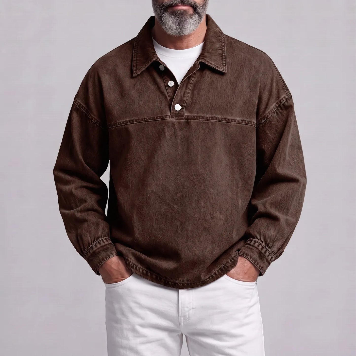 Men's Retro Solid Color Turndown Collar Button Half Placket Casual Sweatshirt
