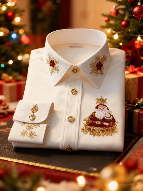Men's Business Retro New Year Christmas Print Long Sleeve Shirt