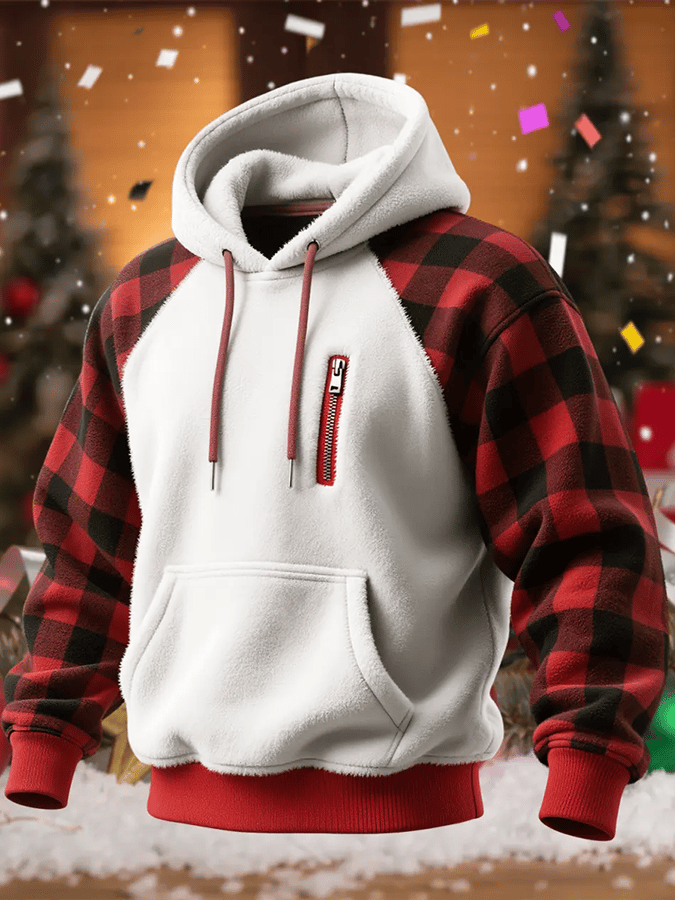 Men's Plush Patchwork Christmas Plaid Hooded Sweatshirt