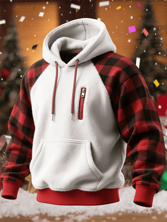 Men's Plush Patchwork Christmas Plaid Hooded Sweatshirt