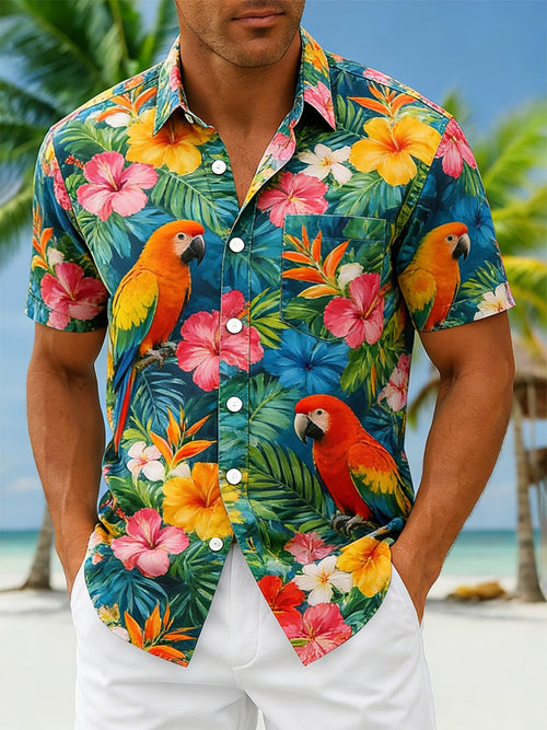 Men's Hawaiian Parrot Floral Short-Sleeve Vacation Shirt