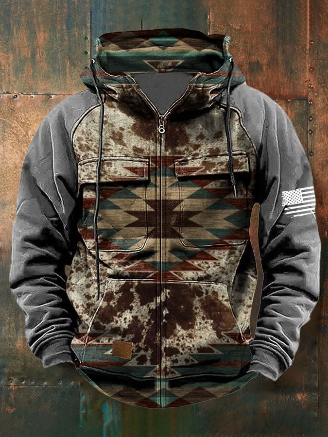 Men's Vintage Western Print Multi-Pocket Jacket