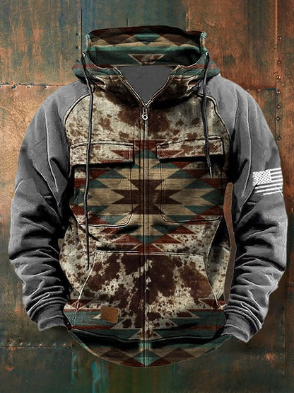 Men's Vintage Western Print Multi-Pocket Jacket