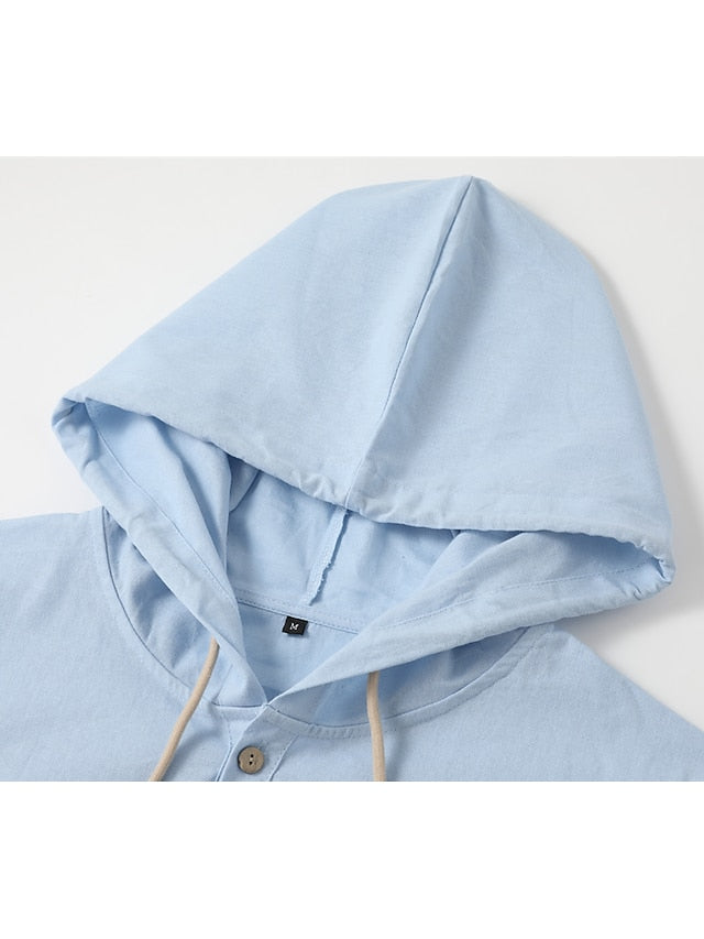 Men's Shirt Linen Shirt Calico Shirt Beach Wear Button Up Shirt Hooded Shirt Plain Casual Daily Black White Blue Green Long-Sleeve Hooded Spring & Summer Clothing Apparel Buttons