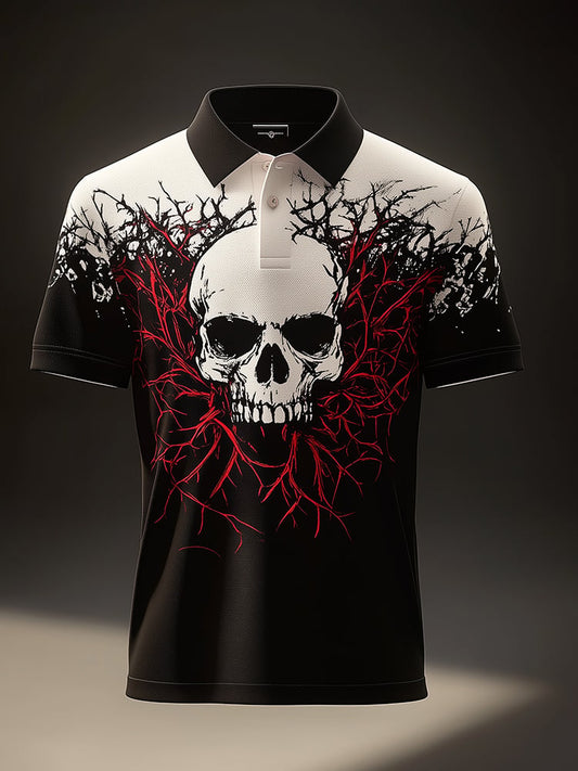 Men's Business Casual Skull Print Button-Down Polo Shirt