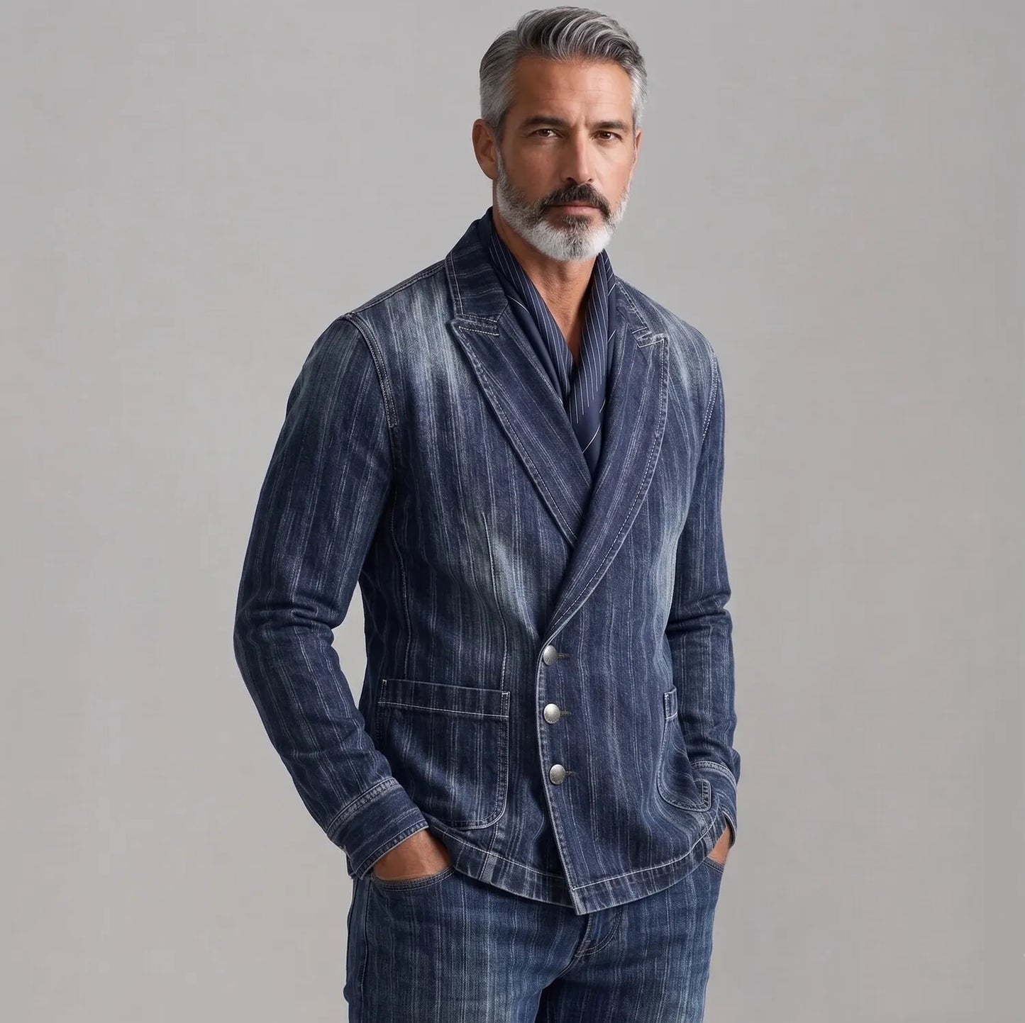 Men's Navy Blue Striped Denim Peak Lapel Asymmetric Single Breasted Blazer