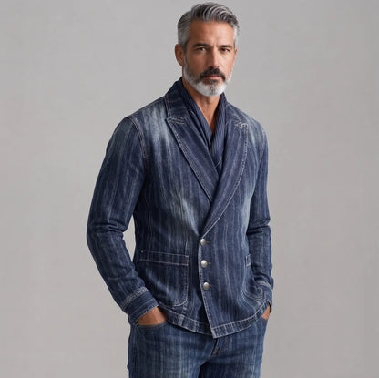 Men's Navy Blue Striped Denim Peak Lapel Asymmetric Single Breasted Blazer
