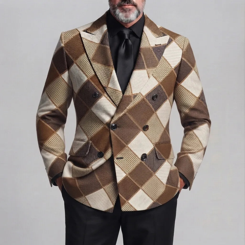 Men's Business Casual Colorblock Plaid Print Peak Lapel Double-Breasted Slim Fit Blazer