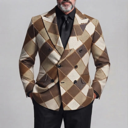 Men's Business Casual Colorblock Plaid Print Peak Lapel Double-Breasted Slim Fit Blazer
