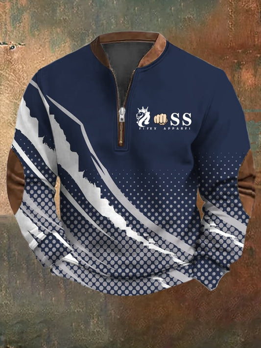 Men's Retro Letter Design Printed Casual Zipper Collar Long-Sleeved Sweatshirt