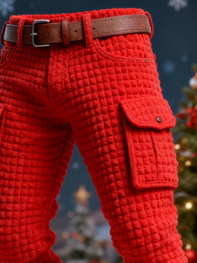 Men's Knitted Waffle Patchwork Plush Christmas Cargo Pants