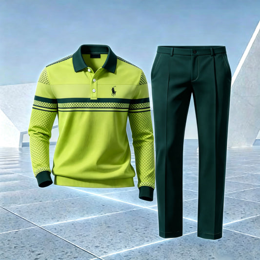 Men's Green Striped Polo Shirt and Pants Set