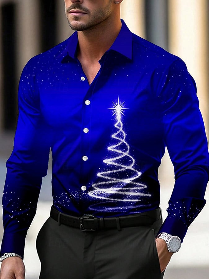 Men's Luxury Christmas Contrast Color Print Long Sleeve Shirt
