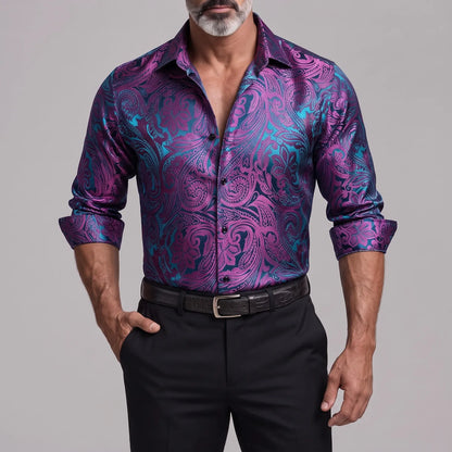 Men's Vintage Paisley Floral Print Button Up Slim Fit Long Sleeve Shirt
