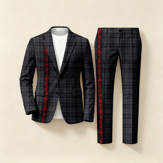 Men's Business Checkered Long-Sleeve Shirt and Trousers Two-Piece Suit