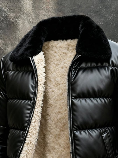 Men'S Vintage Warm Soft Leather Large Fur Collar Outdoor Jacket