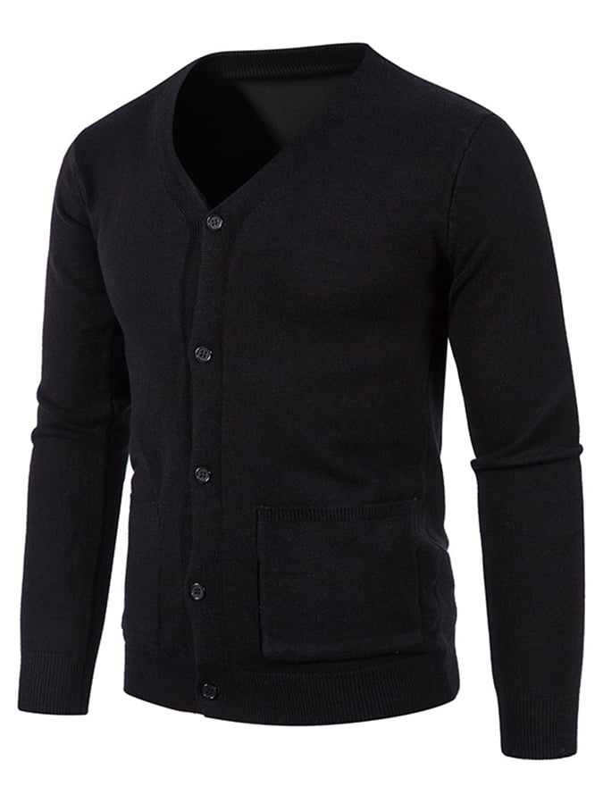 Men's Fashionable Pocket Button Design V-Neck Solid Color Sweater Jacket