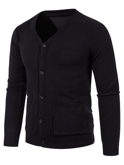 Men's Fashionable Pocket Button Design V-Neck Solid Color Sweater Jacket