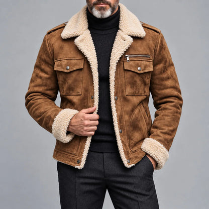 Men's Solid Color Suede Multi-Pocket Single Breasted Sherpa Lining Jacket