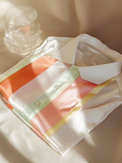 Men's Business Casual Striped Color Block Lapel Short Sleeve Shirt