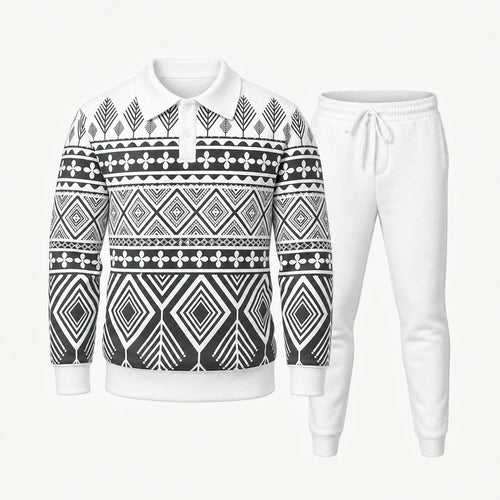Men's Geometric Print Polo Shirt and Pants Set